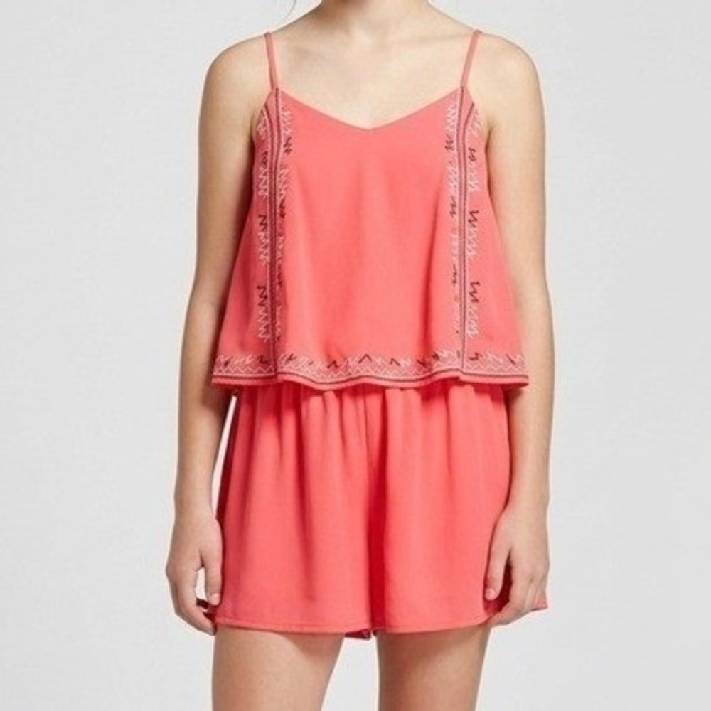Xhilaration Romper Juniors Large Pink Red Coral Embroidered L Jumpsuit Boho Cute